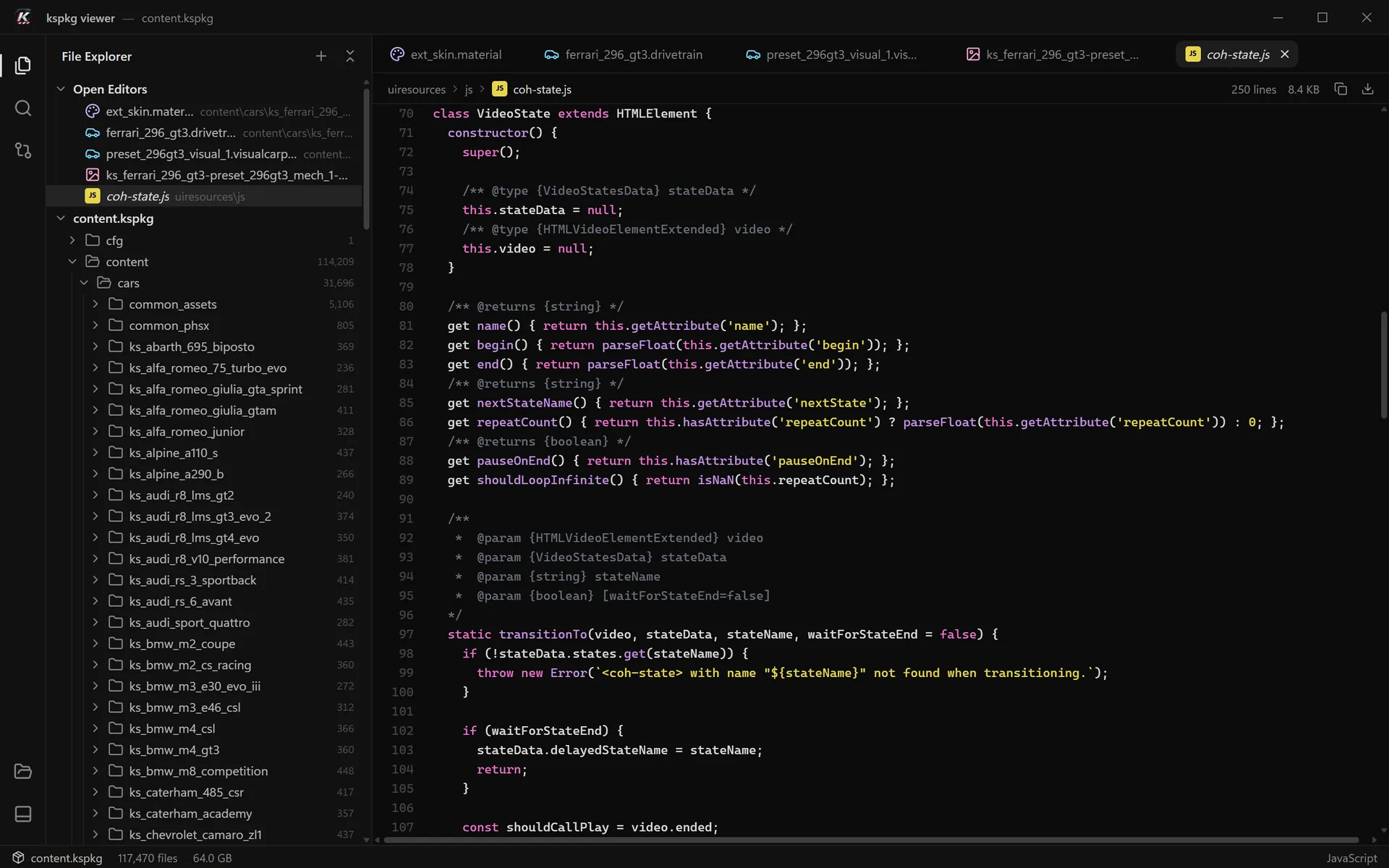 Syntax-coloured JavaScript next to the explorer tree.