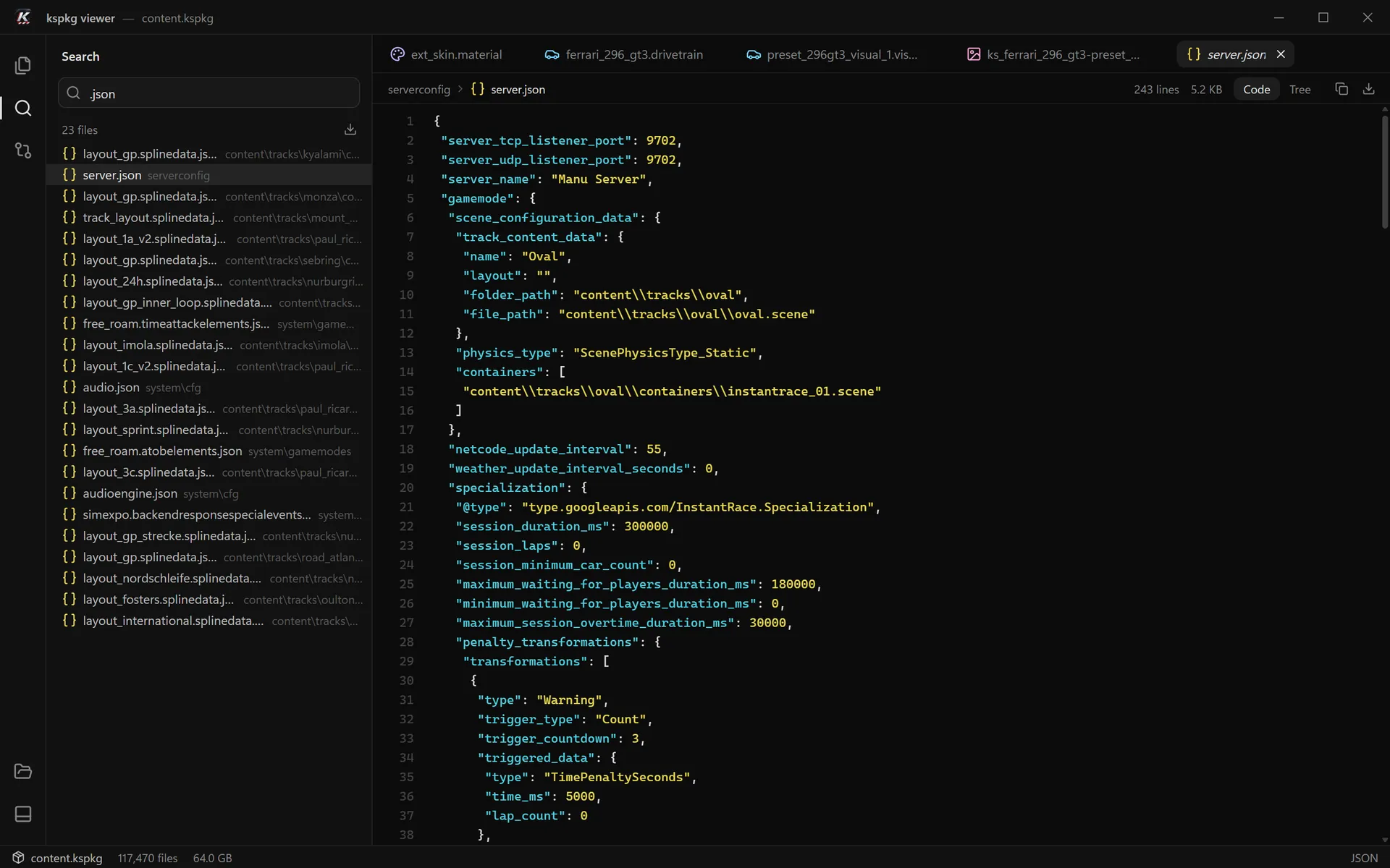 A search for .json, with server.json in the code view.