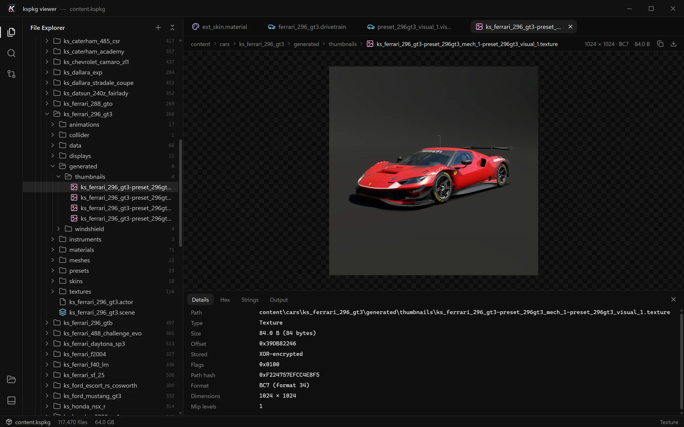 kspkg viewer with a Ferrari 296 GT3 texture open: the explorer tree with file counts on the left, tabs and a path bar on top, and the Details panel showing format BC7, 1024 by 1024.