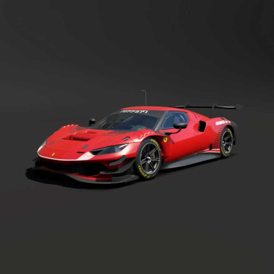 A decoded Ferrari 296 GT3 thumbnail texture: the red race car on a dark grey background.